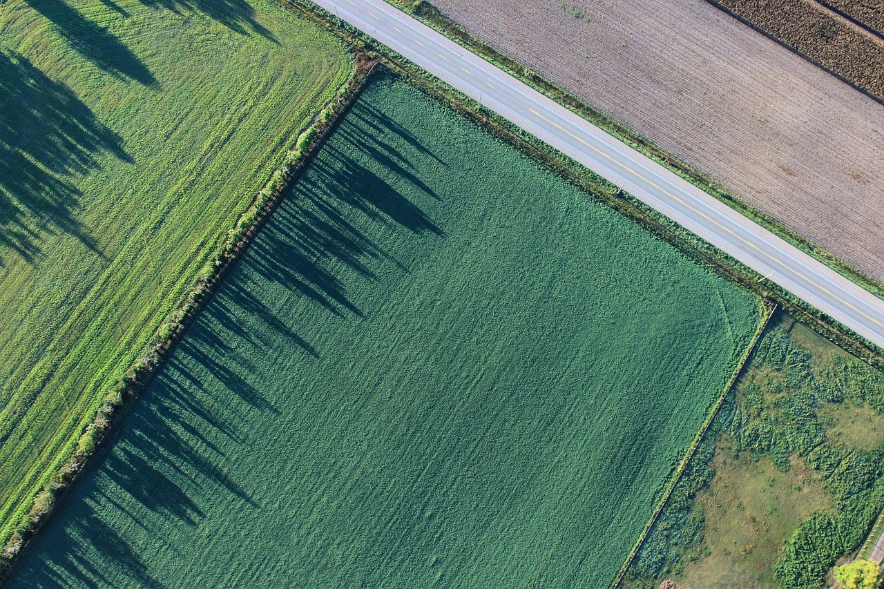 An aerial view of a field beside a road, before development
